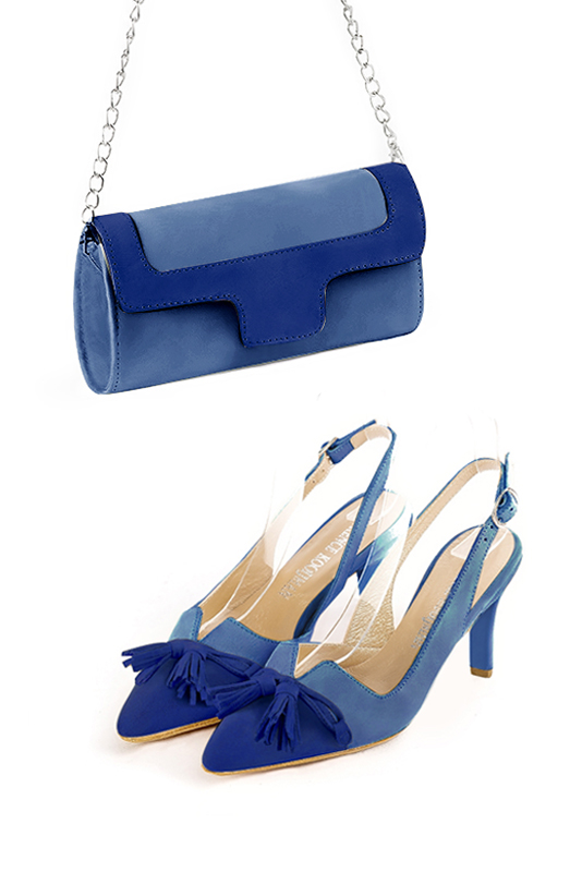 Electric blue women's open back shoes, with a knot. Tapered toe. High slim heel. Worn view - Florence KOOIJMAN